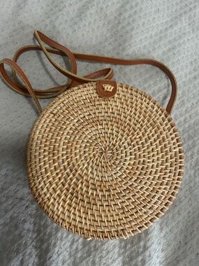 Woven Round Straw Crossbody Bag - Natural Brown